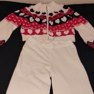 Heart Pattern Wool Knit Zip Sweater & Pants Set